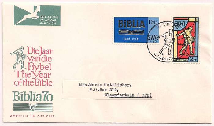 South West Africa 1970 Bible Society fdc #2