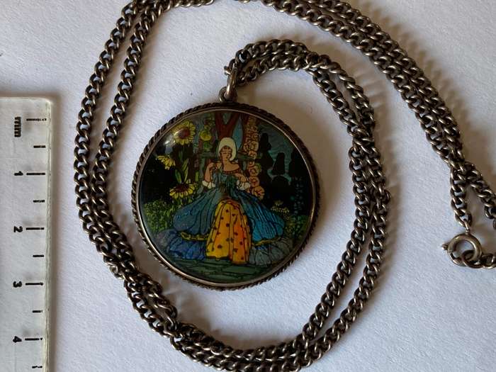 Antique Sterling Silver Butterfly Wing Crinoline Lady Portrait Pendant