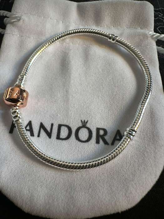 Pandora Retired PREOWNED Two Tone Silver Bracelet With Rose Gold Snap Clasp & Pouch