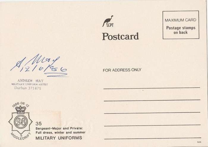signed PHQ card Ciskei military uniforms by Andrew May military uniform artist as scan