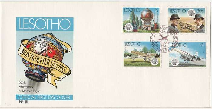 Lesotho Manned Flight combo FDC + Min Sheet FDC + 4 maxi Cards FDC as scans