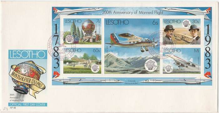 Lesotho Manned Flight combo FDC + Min Sheet FDC + 4 maxi Cards FDC as scans