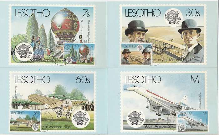 Lesotho Manned Flight combo FDC + Min Sheet FDC + 4 maxi Cards FDC as scans