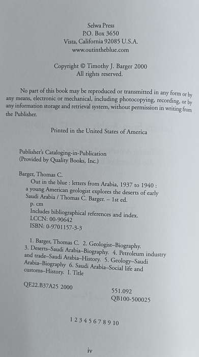 Out in the Blue Letters From Arabia 1937-1940 - Thomas C, Barger - Softcover - 284 Pages