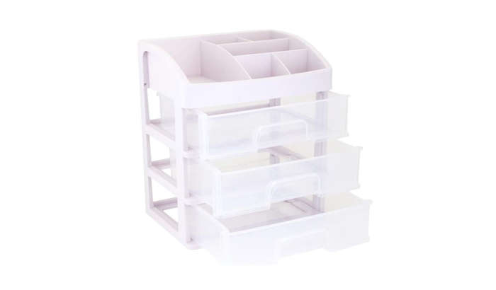 White Clear Makeup Organiser with 3 Drawers & Lipstick Slot Cosmetic Box