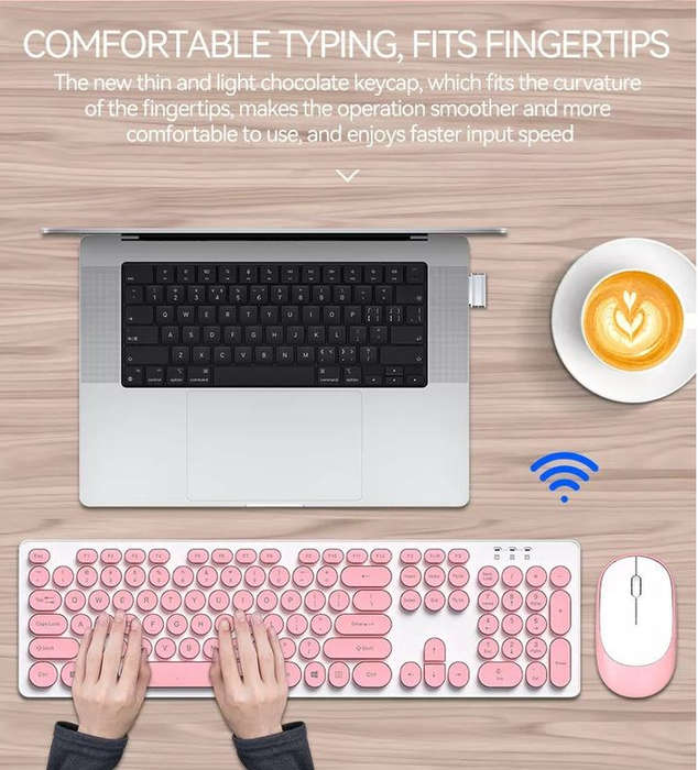 Round Keycap Punk Style Crystal Glare Wireless Keyboard & Mouse---Pink