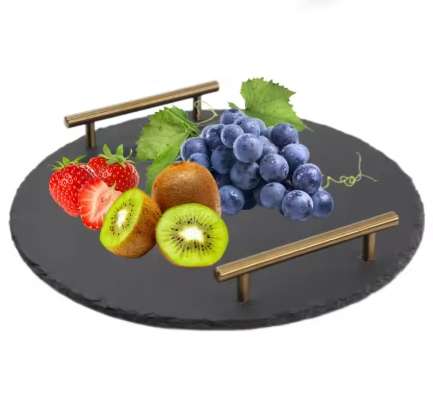 Round Natural Stone Slate Serving Tray with Two Metal Handles Rustic Cheese Board for Kitchen Use