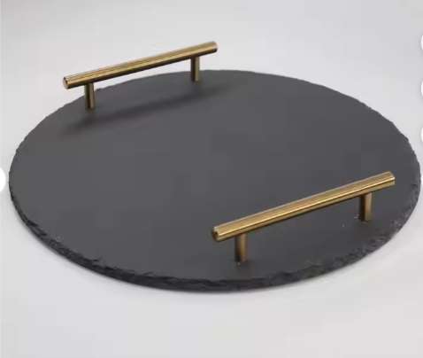 Round Natural Stone Slate Serving Tray with Two Metal Handles Rustic Cheese Board for Kitchen Use