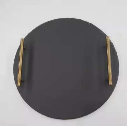 Round Natural Stone Slate Serving Tray with Two Metal Handles Rustic Cheese Board for Kitchen Use