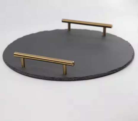 Round Natural Stone Slate Serving Tray with Two Metal Handles Rustic Cheese Board for Kitchen Use