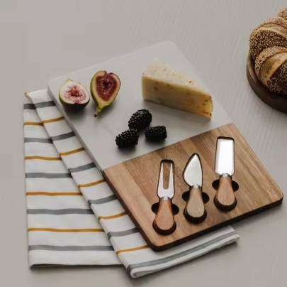 Marble & Acacia Board Set with 3 Cheese Knives Home Serving Board Dishes for Kitchen and Dining Room
