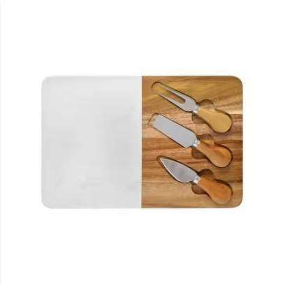Marble & Acacia Board Set with 3 Cheese Knives Home Serving Board Dishes for Kitchen and Dining Room