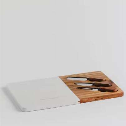 Marble & Acacia Board Set with 3 Cheese Knives Home Serving Board Dishes for Kitchen and Dining Room