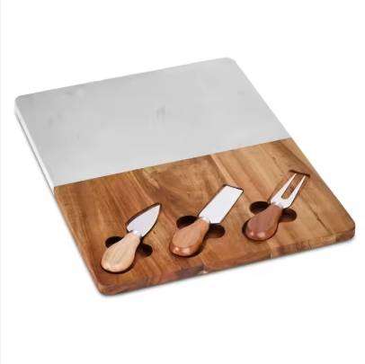 Marble & Acacia Board Set with 3 Cheese Knives Home Serving Board Dishes for Kitchen and Dining Room