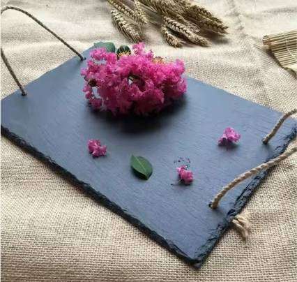 Natural Stale Twine Handle Plates Rectangle Black Slate Stone Tray