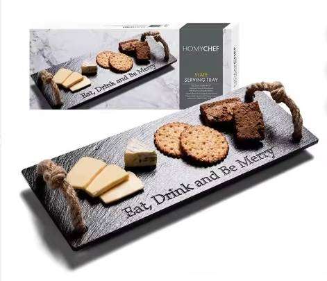 Natural Stale Twine Handle Plates Rectangle Black Slate Stone Tray