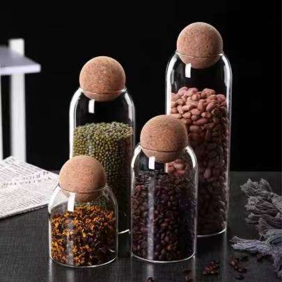 Glass Storage Tank for Sugar Salt Tea Coffee Cork Ball Stopper Lid for Food Use