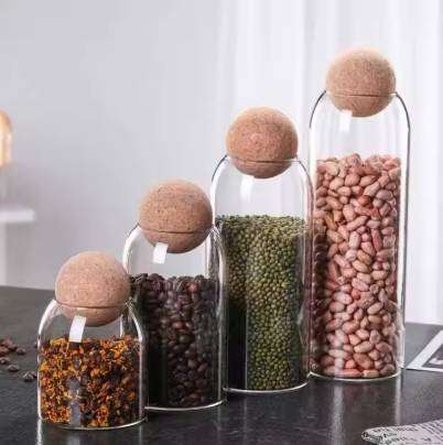 Glass Storage Tank for Sugar Salt Tea Coffee Cork Ball Stopper Lid for Food Use