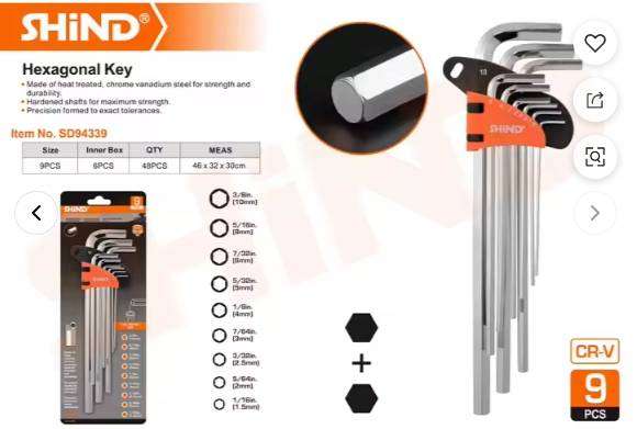 9Pcs Flat End Hexagonal Key Set Long Length Allen Torx Key