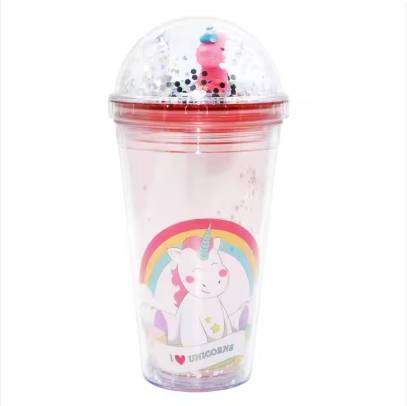 Cute Cartoon Drinking Cup, Glitter Double Wall Plastic Tumbler Cup Snow Globe Water Bottle