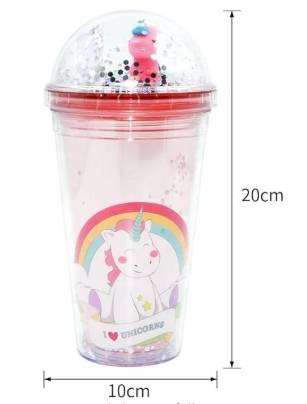 Cute Cartoon Drinking Cup, Glitter Double Wall Plastic Tumbler Cup Snow Globe Water Bottle