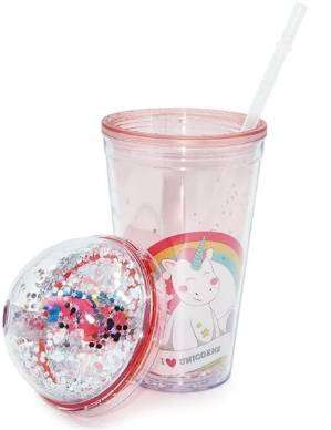 Cute Cartoon Drinking Cup, Glitter Double Wall Plastic Tumbler Cup Snow Globe Water Bottle