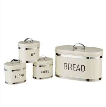 Metal Bread Bin Biscuit Tin Set Bread Box Sugar Tea Coffee Storage Canister with Lid cream color