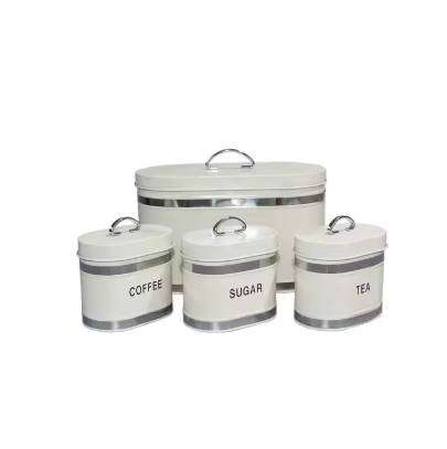Metal Bread Bin Biscuit Tin Set Bread Box Sugar Tea Coffee Storage Canister with Lid cream color