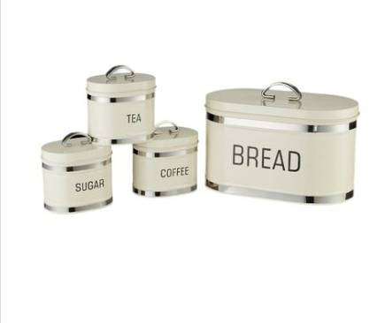 Metal Bread Bin Biscuit Tin Set Bread Box Sugar Tea Coffee Storage Canister with Lid cream color