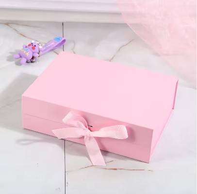 Pink Hard Paper Board Gift Box with Ribbon Bow Tie Luxury Packaging Design for Retail and Gifts