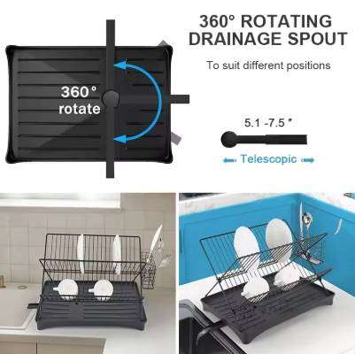Countertop Kitchen Metal Dish Racks With Automatic Drainboard Plate Racks With Utensil Holder