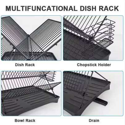 Countertop Kitchen Metal Dish Racks With Automatic Drainboard Plate Racks With Utensil Holder