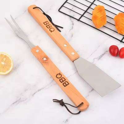 BBQ Stainless Steel Grill Three Sets Wooden Handle Fork Mini Shovel Clip