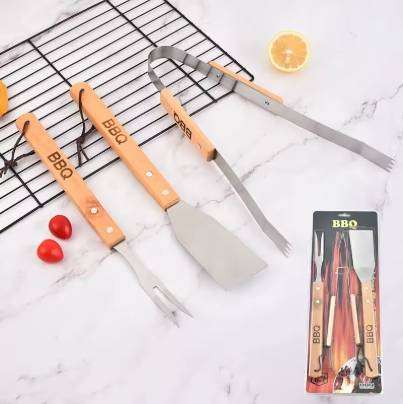 BBQ Stainless Steel Grill Three Sets Wooden Handle Fork Mini Shovel Clip
