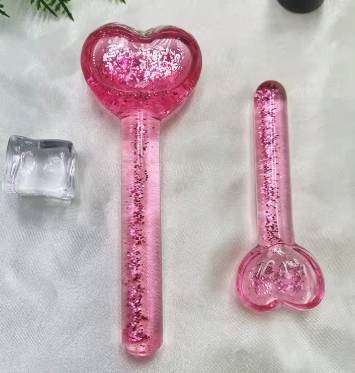 Freeze Small Glass Pink Glitter Beauty Ice Globes Set for Facials Massage Roller Heart Shape