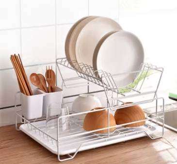 Double-Tiered Metal Home Organizer Kitchen Counter Top Storage Rack Outlets Dish Drying Rack