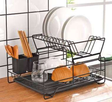 Double-Tiered Metal Home Organizer Kitchen Counter Top Storage Rack Outlets Dish Drying Rack