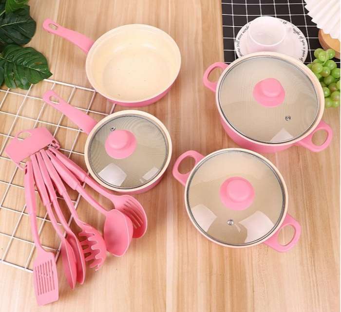 13 Piece Aluminum Non-Stick Cookware Set - Pink