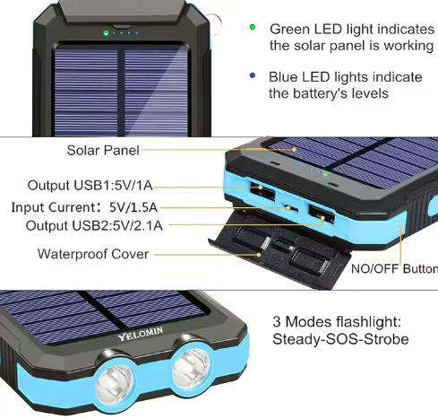 20000mah Solar Power Bank Outdoor Portable Power Bank Cell Phone Power Bank Charger for Mobile Phone