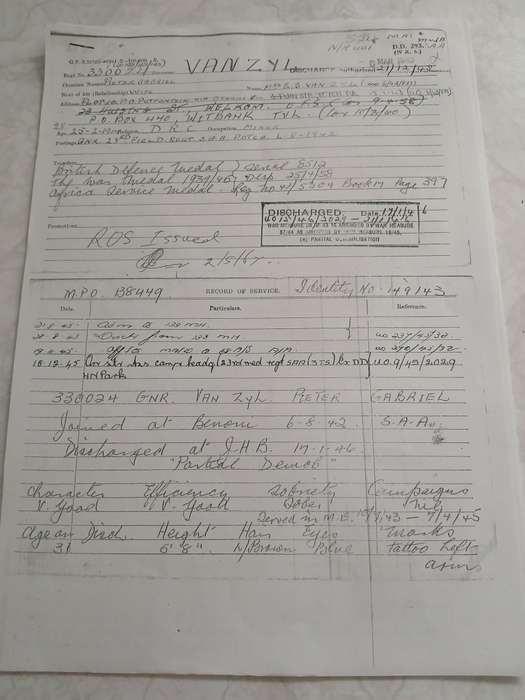 WW2 War Medal 1939-45 South African with Service Record