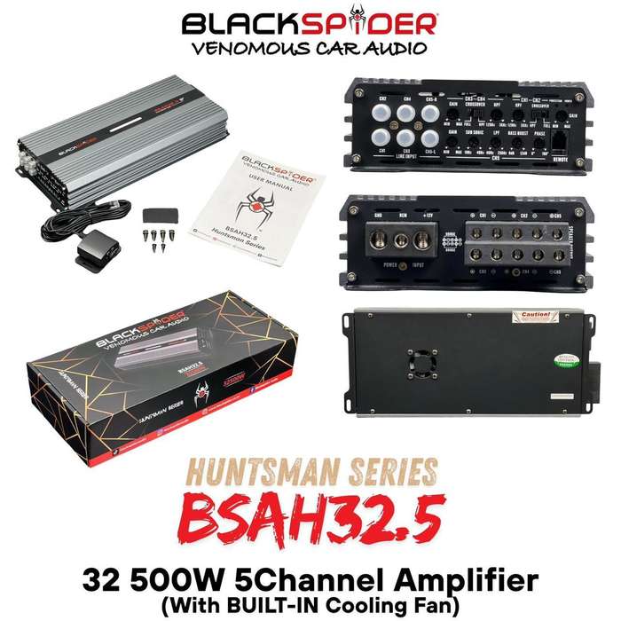 The BlackSpider BSAH32.5 32 500W 5 Channel Class AB+D Amplifier with BUILT-IN COOLING FAN Hunt