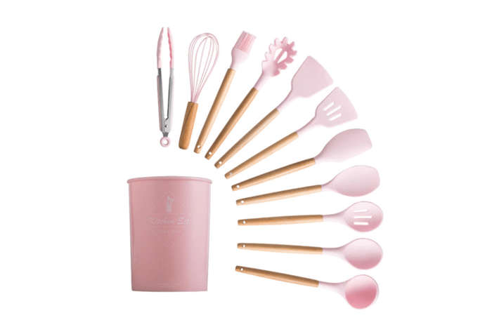 Kitchen Utensils Set of 12 Silicone Non Stick Includes Holder - Pink