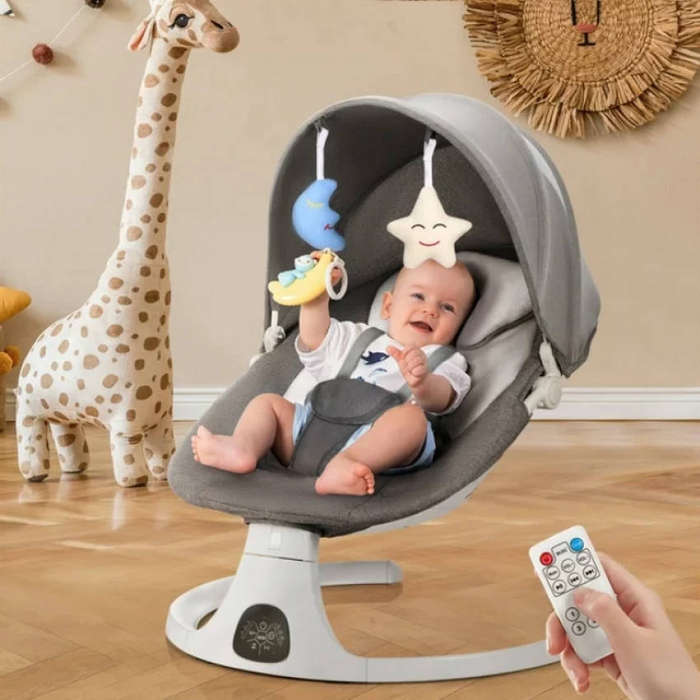 3-in-1 Remote Control Bluetooth Infant Swing with Music Seat Rocking Chair (Grey & Whit