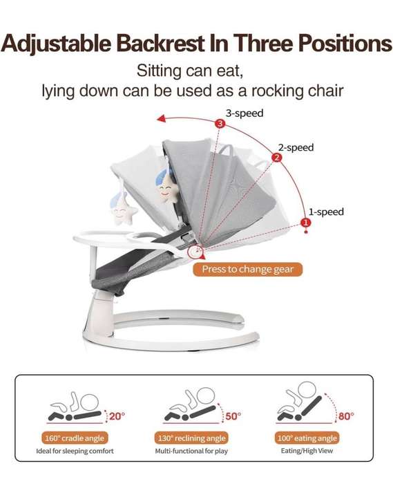 3-in-1 Remote Control Bluetooth Infant Swing with Music Seat Rocking Chair (Grey & Whit