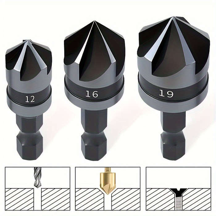 3 Pieces Carbon Steel 90 Degree Countersink Drill Bits
