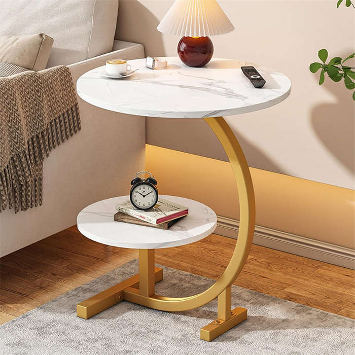 2 Tier Side Table, C Shape Side Table with Metal Frame