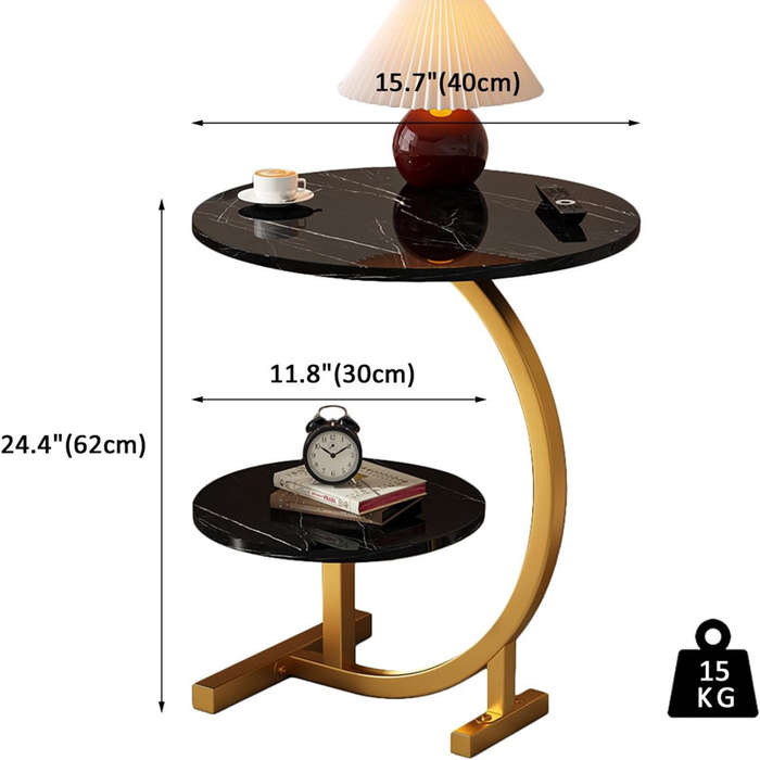 2 Tier Side Table, C Shape Side Table with Metal Frame