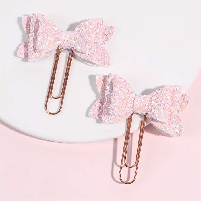 2pcs Sparkling Pink Glitter Bow Paper Clips