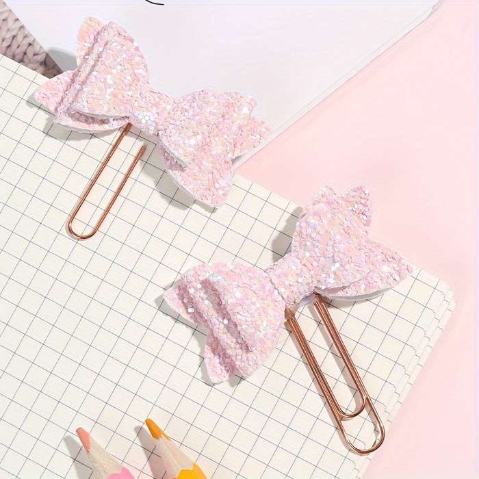 2pcs Sparkling Pink Glitter Bow Paper Clips
