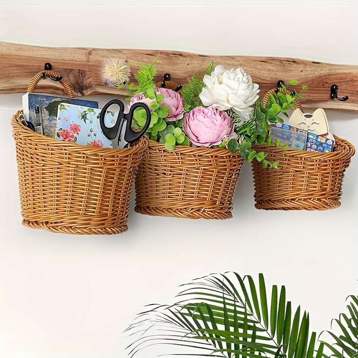 3-Piece Faux Rattan Wall-Mounted Storage Basket